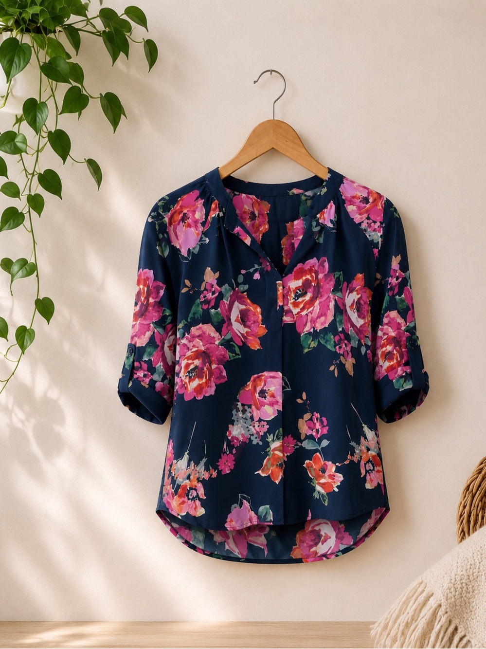 Collective Concepts Navy Floral Split V-Neck Blouse